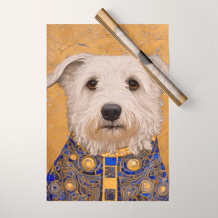 White Klimt Dog with Brown Eyes and Blue Jacket Wrapping Paper Gallery Image 1