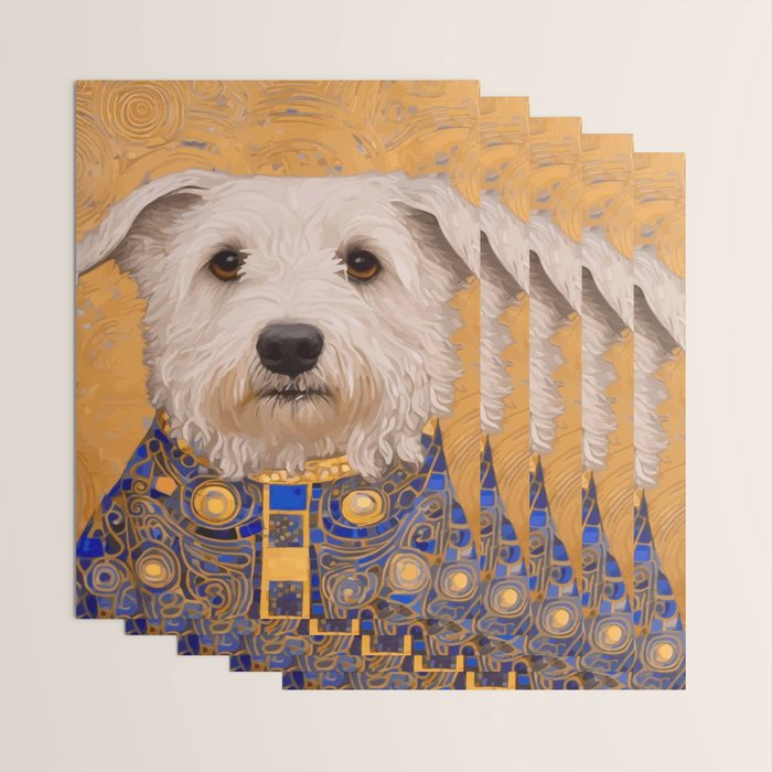 White Klimt Dog with Brown Eyes and Blue Jacket Wrapping Paper Gallery Image 3