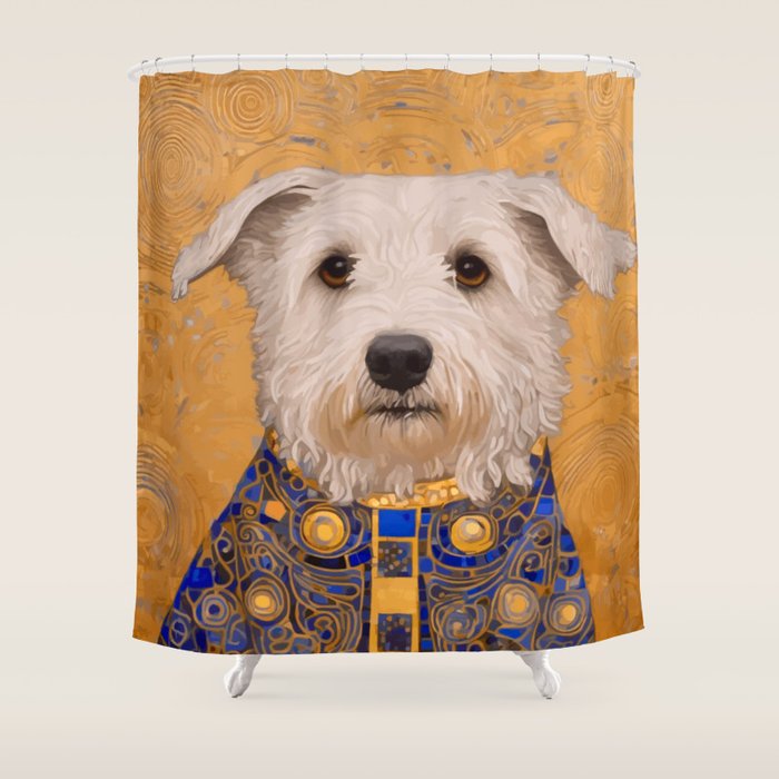 White Klimt Dog with Brown Eyes and Blue Jacket Shower Curtain Gallery Image 1