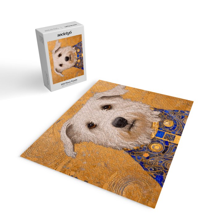 White Klimt Dog with Brown Eyes and Blue Jacket Jigsaw Puzzle Gallery Image 2