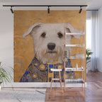 White Klimt Dog with Brown Eyes and Blue Jacket Wall Mural Gallery Image 1