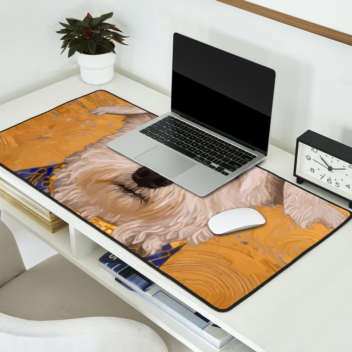 White Klimt Dog with Brown Eyes and Blue Jacket Desk Mat Gallery Image 2