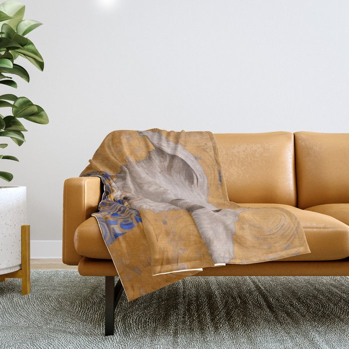White Klimt Dog with Brown Eyes and Blue Jacket Throw Blanket Gallery Image 1