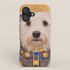 White Klimt Dog with Brown Eyes and Blue Jacket iPhone Case Gallery Image 1