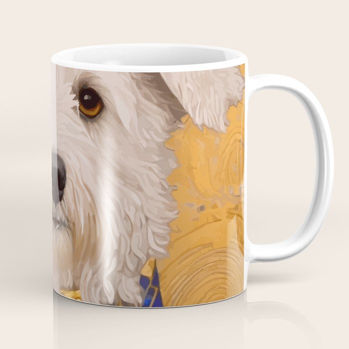 White Klimt Dog with Brown Eyes and Blue Jacket Coffee Mug Gallery Image 1