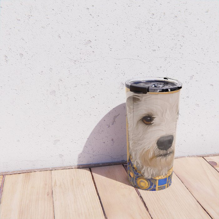 White Klimt Dog with Brown Eyes and Blue Jacket Travel Mug Gallery Image 4