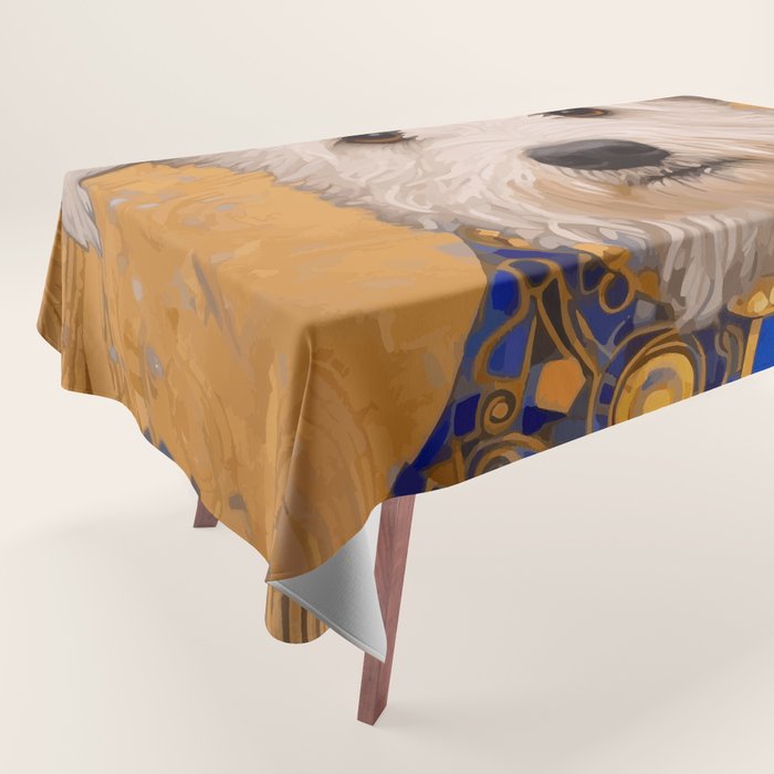 White Klimt Dog with Brown Eyes and Blue Jacket Tablecloth Gallery Image 1