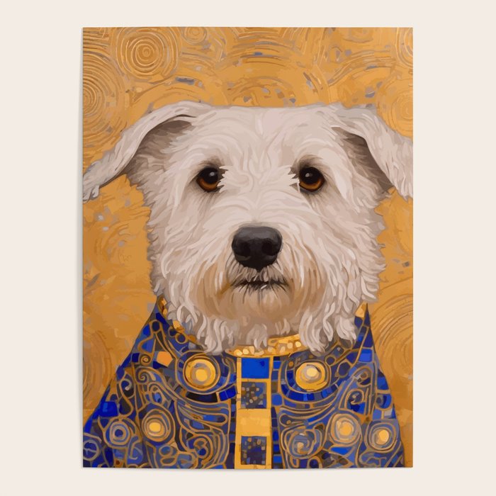 White Klimt Dog with Brown Eyes and Blue Jacket Poster Gallery Image 4