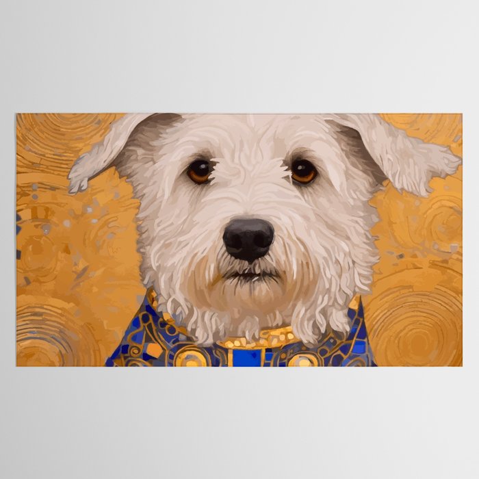 White Klimt Dog with Brown Eyes and Blue Jacket Tablecloth Gallery Image 2