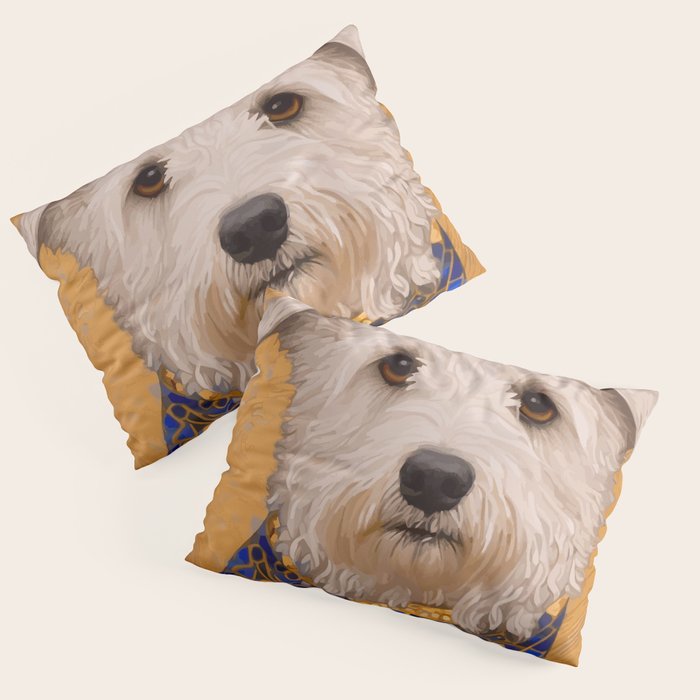 White Klimt Dog with Brown Eyes and Blue Jacket Pillow Sham Gallery Image 1