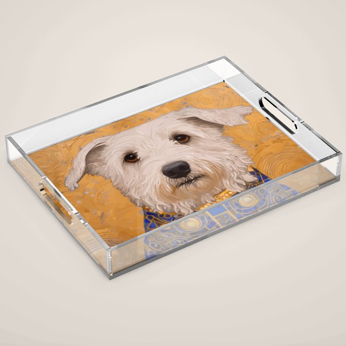 White Klimt Dog with Brown Eyes and Blue Jacket Acrylic Tray Gallery Image 1