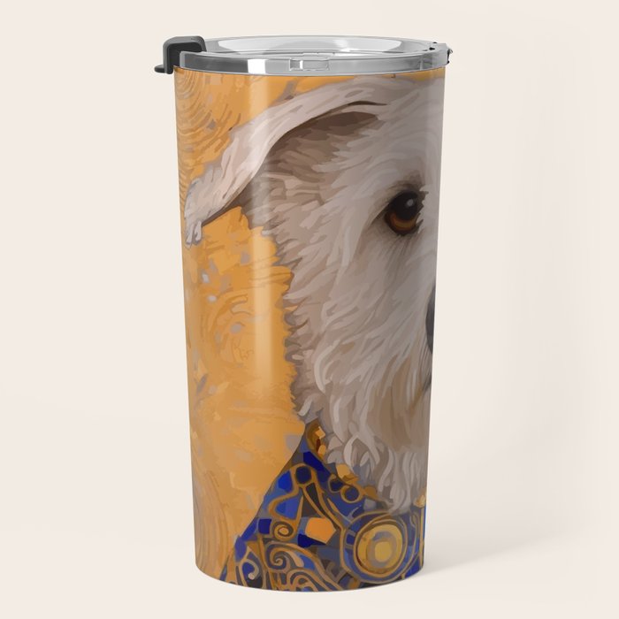 White Klimt Dog with Brown Eyes and Blue Jacket Travel Mug Gallery Image 3