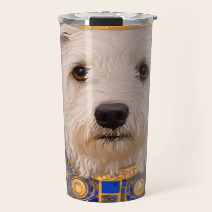 White Klimt Dog with Brown Eyes and Blue Jacket Travel Mug Gallery Image 1