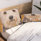 White Klimt Dog with Brown Eyes and Blue Jacket Pillow Sham Gallery Image 2