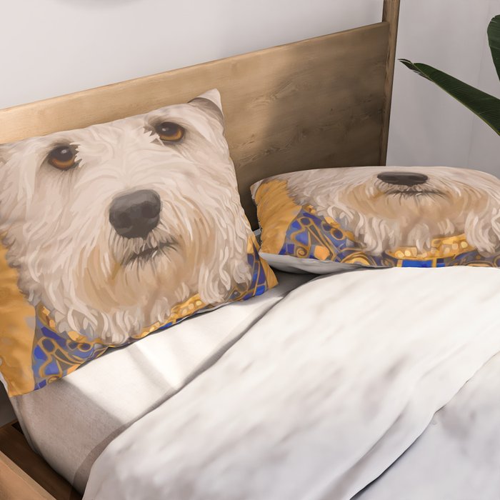 White Klimt Dog with Brown Eyes and Blue Jacket Pillow Sham Gallery Image 2