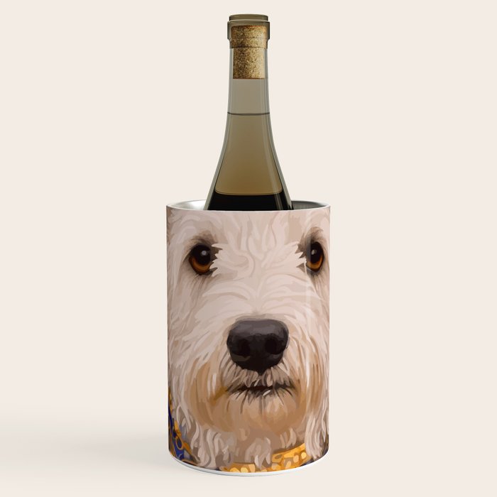 White Klimt Dog with Brown Eyes and Blue Jacket Wine Chiller Gallery Image 1