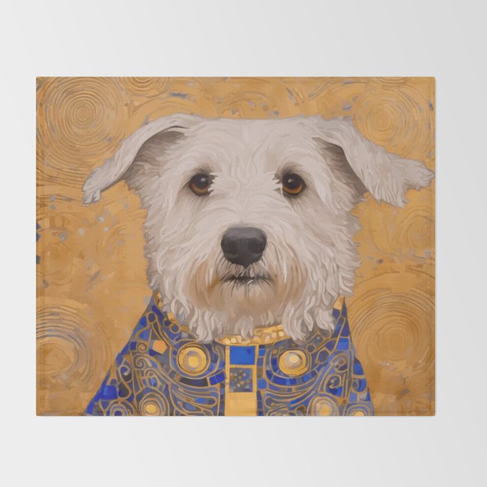 White Klimt Dog with Brown Eyes and Blue Jacket Throw Blanket Gallery Image 2