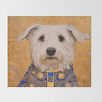 White Klimt Dog with Brown Eyes and Blue Jacket Throw Blanket Gallery Image 2