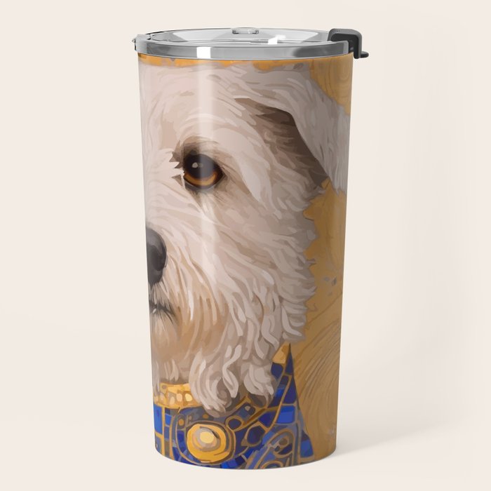 White Klimt Dog with Brown Eyes and Blue Jacket Travel Mug Gallery Image 2