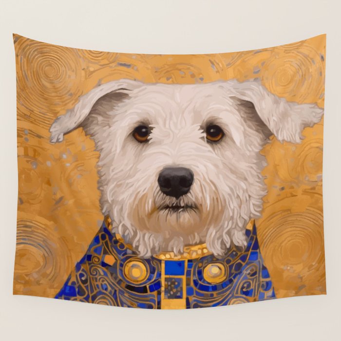 White Klimt Dog with Brown Eyes and Blue Jacket Wall Tapestry Gallery Image 1