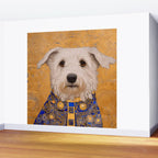 White Klimt Dog with Brown Eyes and Blue Jacket Wall Mural Gallery Image 2
