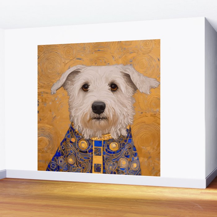 White Klimt Dog with Brown Eyes and Blue Jacket Wall Mural Gallery Image 2
