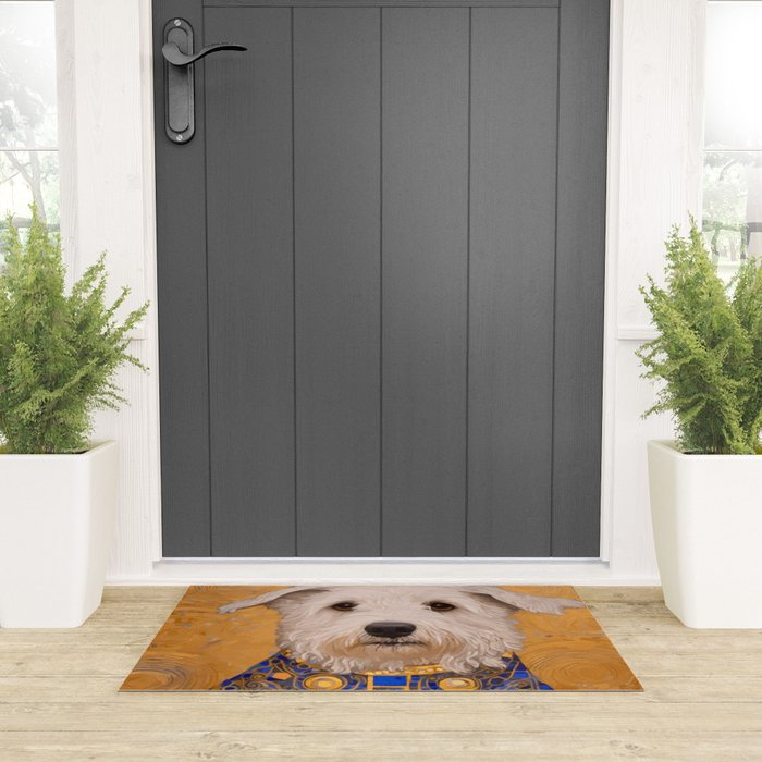 White Klimt Dog with Brown Eyes and Blue Jacket Welcome Mat Gallery Image 3