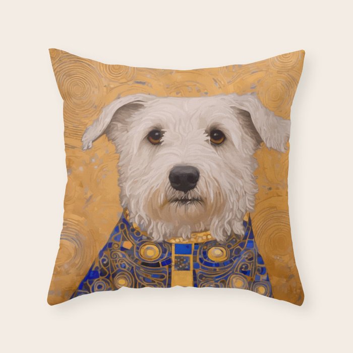 White Klimt Dog with Brown Eyes and Blue Jacket Throw Pillow Gallery Image 6