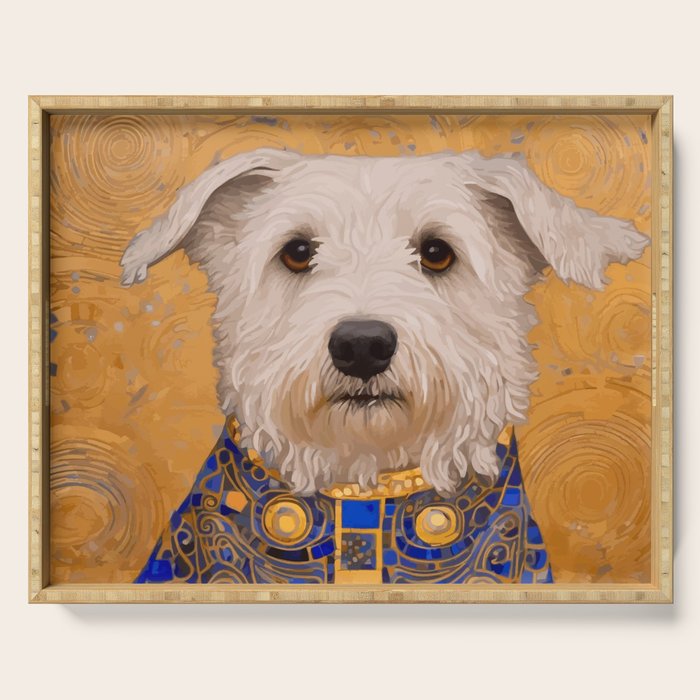 White Klimt Dog with Brown Eyes and Blue Jacket Serving Tray Gallery Image 1