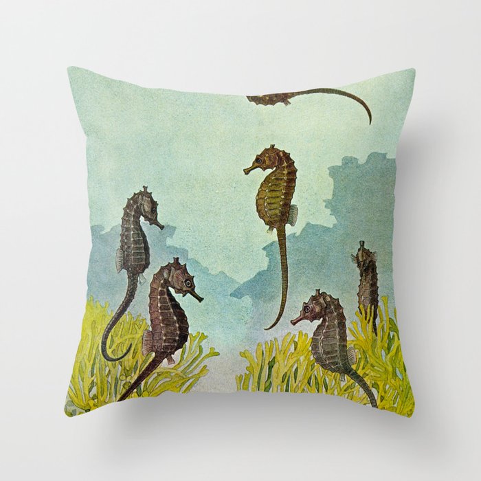 Hippocampus - Hashime Murayama - 1920 Seahorse Illustration Marine Life Throw Pillow Gallery Image 6