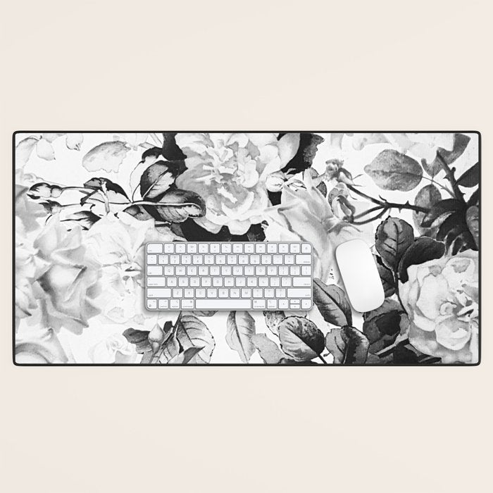 Black gray modern watercolor roses floral pattern Desk Mat Gallery Image 1