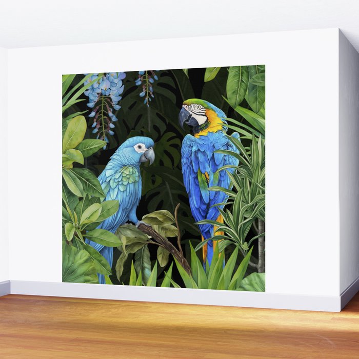 Tropical Blues Watercolor Parrots In The Canopy Wall Mural Gallery Image 2