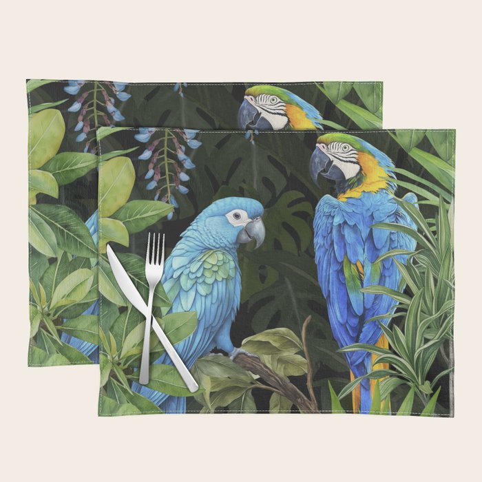 Tropical Blues Watercolor Parrots In The Canopy Placemat Gallery Image 1