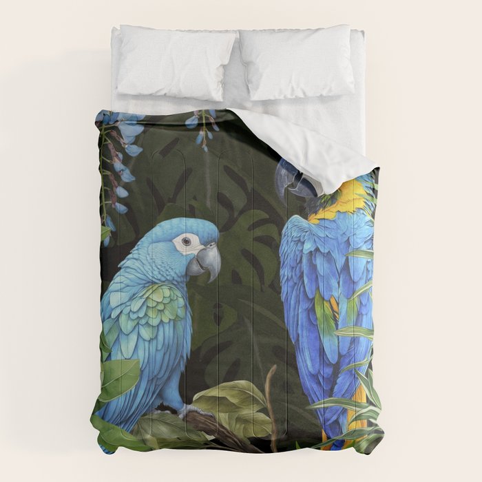 Tropical Blues Watercolor Parrots In The Canopy Comforter Gallery Image 1