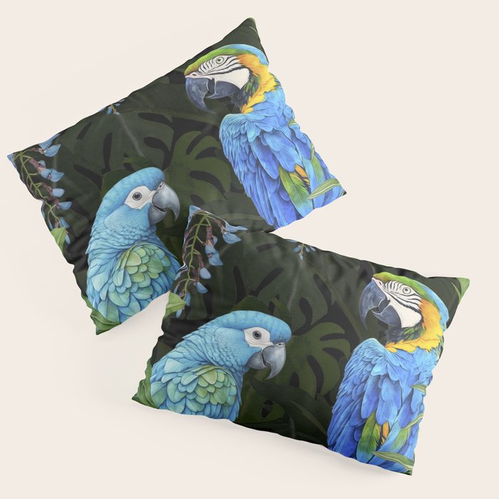Tropical Blues Watercolor Parrots In The Canopy Pillow Sham Gallery Image 1
