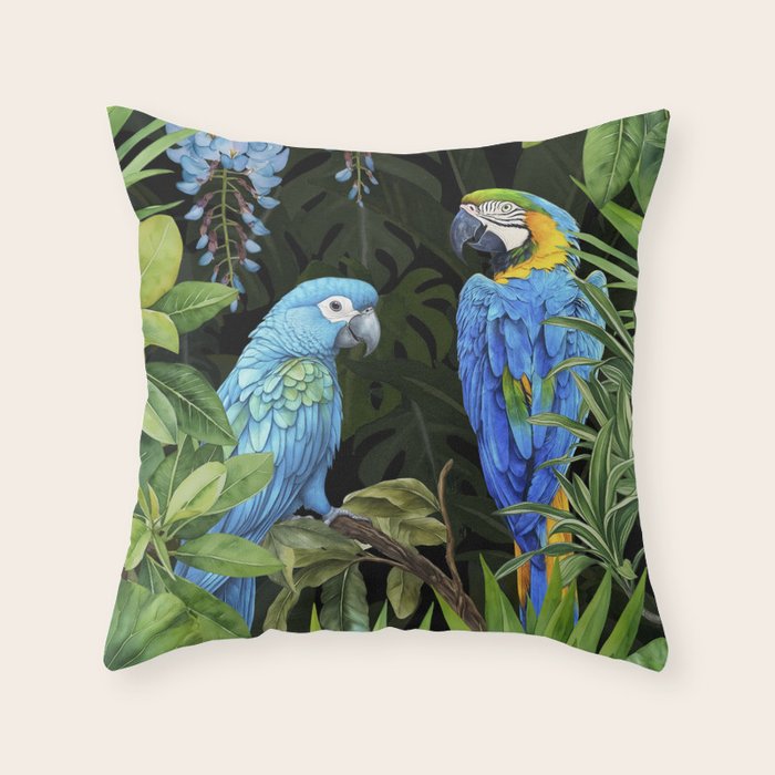 Tropical Blues Watercolor Parrots In The Canopy Throw Pillow Gallery Image 1