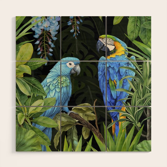 Tropical Blues Watercolor Parrots In The Canopy Wood Wall Art Gallery Image 1