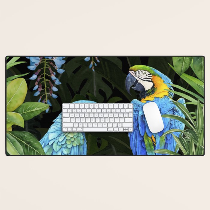 Tropical Blues Watercolor Parrots In The Canopy Desk Mat Gallery Image 1