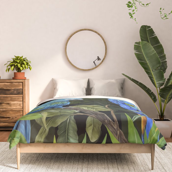 Tropical Blues Watercolor Parrots In The Canopy Comforter Gallery Image 3