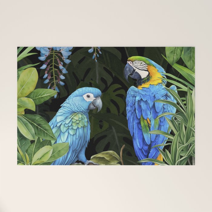 Tropical Blues Watercolor Parrots In The Canopy Welcome Mat Gallery Image 1