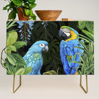Tropical Blues Watercolor Parrots In The Canopy Credenza Gallery Image 1