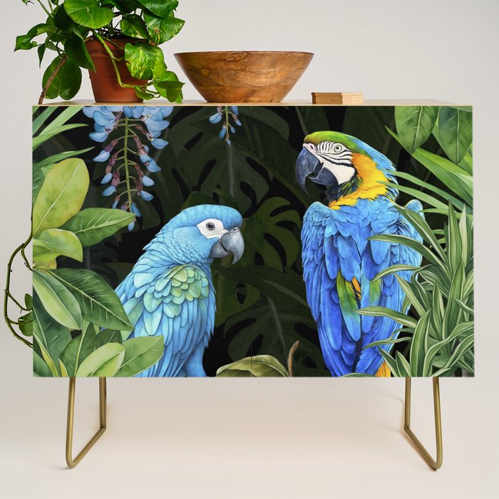 Tropical Blues Watercolor Parrots In The Canopy Credenza Gallery Image 1