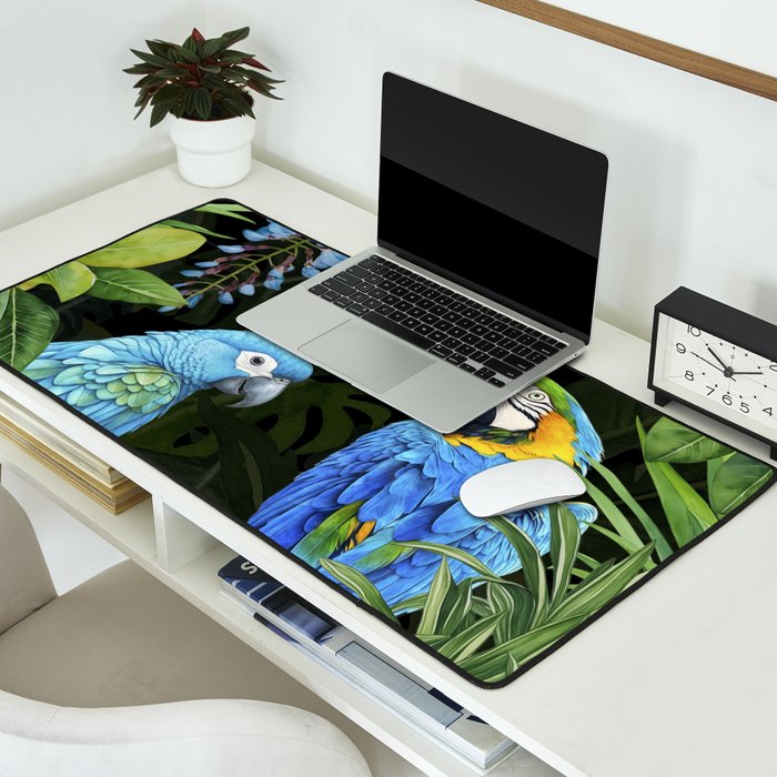 Tropical Blues Watercolor Parrots In The Canopy Desk Mat Gallery Image 2