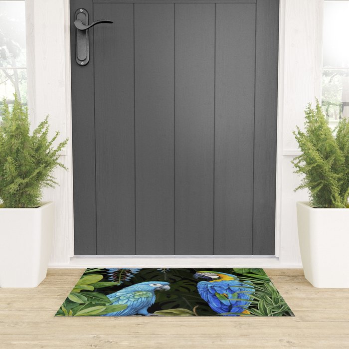 Tropical Blues Watercolor Parrots In The Canopy Welcome Mat Gallery Image 3