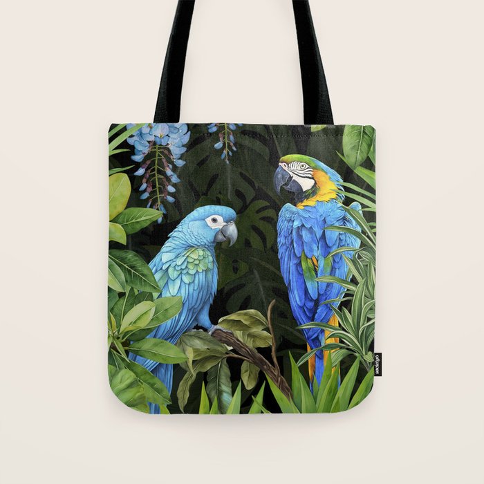 Tropical Blues Watercolor Parrots In The Canopy Tote Bag Gallery Image 1