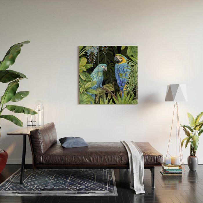 Tropical Blues Watercolor Parrots In The Canopy Wood Wall Art Gallery Image 2