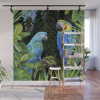 Tropical Blues Watercolor Parrots In The Canopy Wall Mural Gallery Image 1