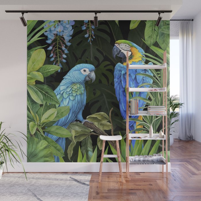 Tropical Blues Watercolor Parrots In The Canopy Wall Mural Gallery Image 1