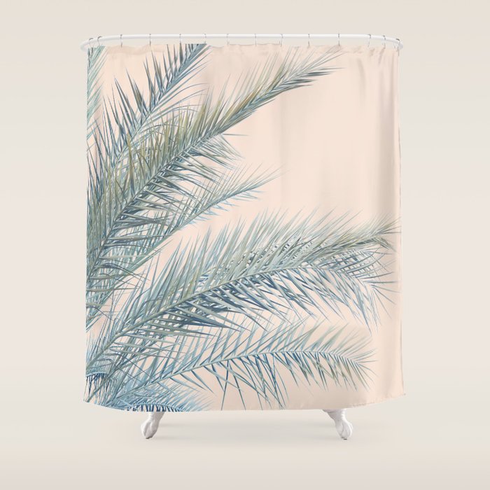 Tropical Palms on Blush Pink, Boho Nature Photography Shower Curtain Gallery Image 1