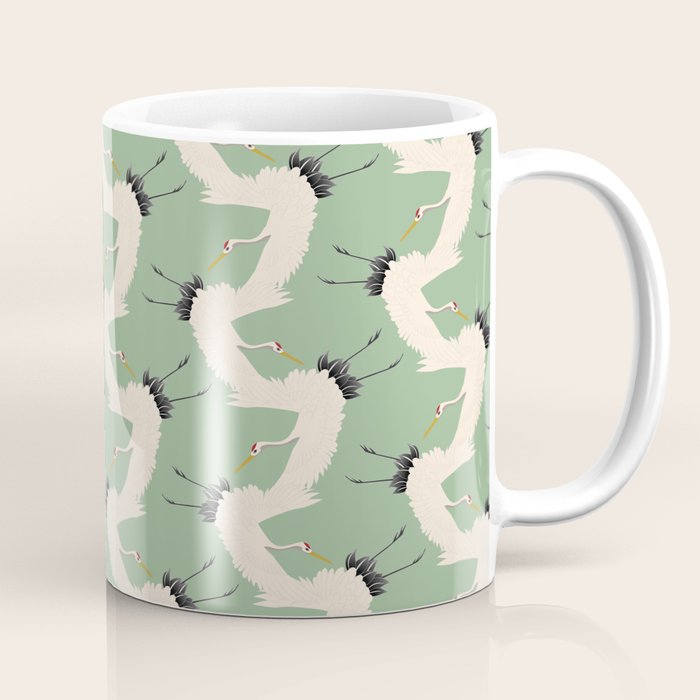 Japanese Cranes on Sage Green Background Coffee Mug Gallery Image 1
